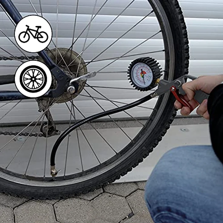 MAUK 13tlg Reifenfüller Druckluft Set mit Manometer und 8tlg Adapterset, max. 8 bar, für Autoreifen, Fahrräder, Luftmatratzen – Bild 3