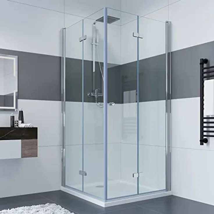 IMPTS Duschkabine 80x100 cm Duschabtrennung Falttür Eckeinstieg Komplettset Dusche MIT Duschwanne & Ablaufgarnitur, 185cm