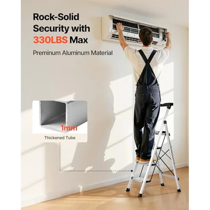 VEVOR Trittleiter 4 Stufen, Klappleiter mit Anti-Rutsch-Stufen und handlichem Griff, Tragkraft 150 kg, Aluminium-Sicherheitsleiter für Küche und Büro, Silber – Bild 4
