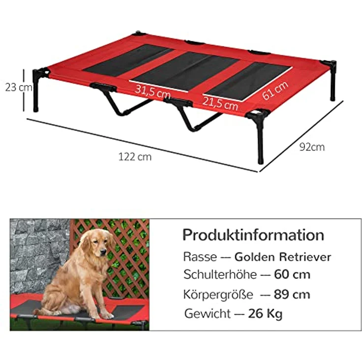 Pawhut Hundebett Outdoor Hundeliege Outdoor Katzenbett Haustierbett Schlafplatz Metall Oxford-Gewebe Rot 122 x 92 x 23 cm – Bild 3