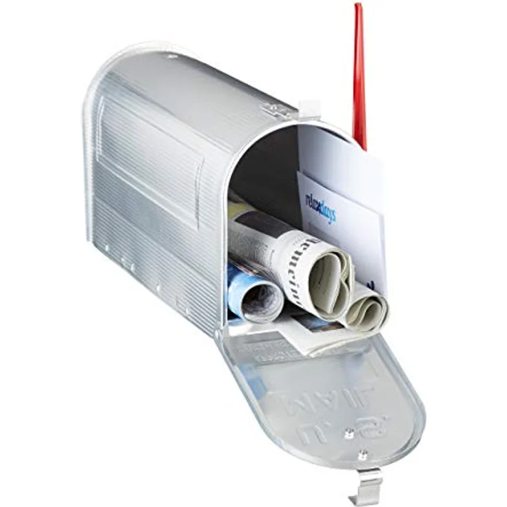 Relaxdays Amerikanischer Briefkasten, Aluminium, Original US Mailbox, Fahne, Nostalgie, HxBxT: 22 x 16,5 x 48 cm, silber – Bild 2