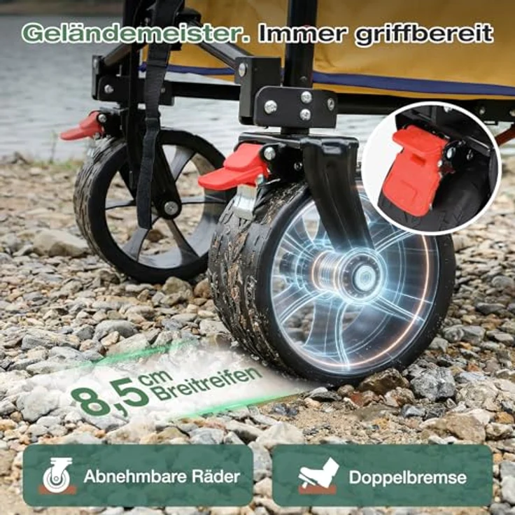 Sekey XXL Bollerwagen, Faltbar, 135L Volumen, 150kg belastbar, All-Terrain Räder mit Bremse, Patentierter 4-Wege-Sofortaufbau, Gelb – Bild 3