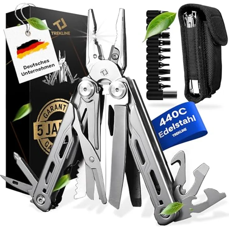 TREKLINE 27-in-1 Premium Multitool Werkzeug Caveman+, rostfreies Edelstahl Survival Multifunktionsmesser mit Snap Lock System, ideale Camping-Ausrüstung