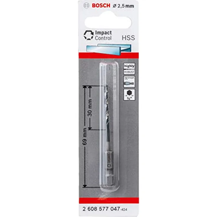 Bosch Accessories 2608577047 Metall-Spiralbohrer, 2.50 mm, HSS, geschliffen, 69 mm Gesamtlänge, für Metall und Kunststoff, Sechskantschaft 1/4-Zoll