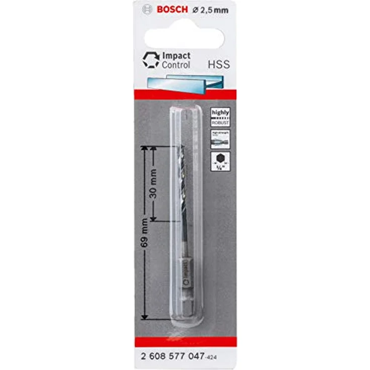 Bosch Accessories 2608577047 Metall-Spiralbohrer, 2.50 mm, HSS, geschliffen, 69 mm Gesamtlänge, für Metall und Kunststoff, Sechskantschaft 1/4-Zoll – Bild 1