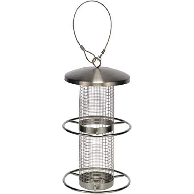 Spetebo Edelstahl Vogel Futterstation mit 2 Sitzringen - 27,5 x 14 cm - Vogel Futterhaus Futterstelle Futtersilo