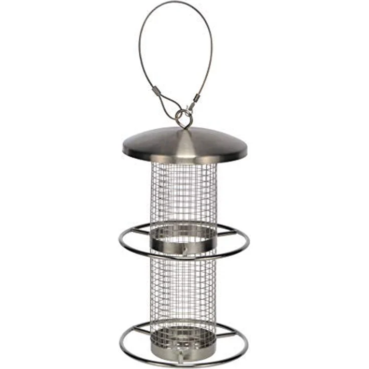 Spetebo Edelstahl Vogel Futterstation mit 2 Sitzringen - 27,5 x 14 cm - Vogel Futterhaus Futterstelle Futtersilo – Bild 1