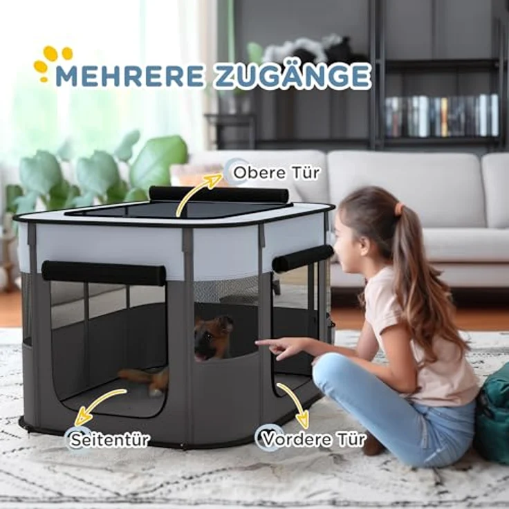 PawHut Welpenauslauf, faltbarer Welpenlaufstall mit Türen und Fenstern, atmungsaktives Netz, für kleine Hunde unter 10 kg, Indoor und Outdoor, 94 x 74 x 60 cm, Grau – Bild 4