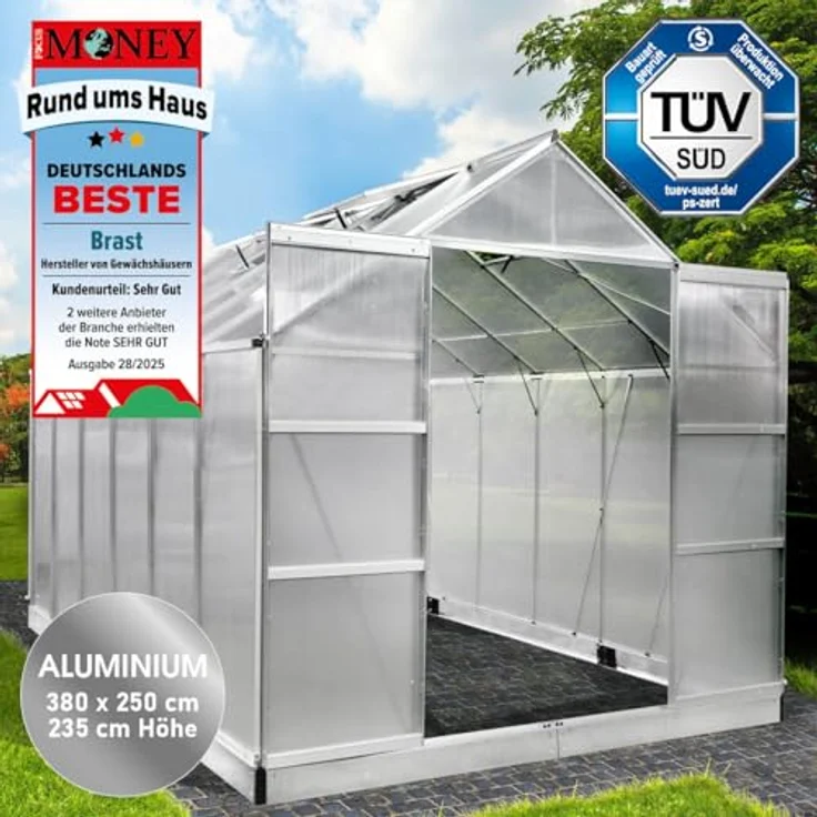 BRAST Gewächshaus Aluminium mit Fundament, 380x250x235cm, TÜV geprüft, 6mm Hohlkammerplatten, rostfrei, wetterfest, temperaturbeständig, Silber – Bild 2