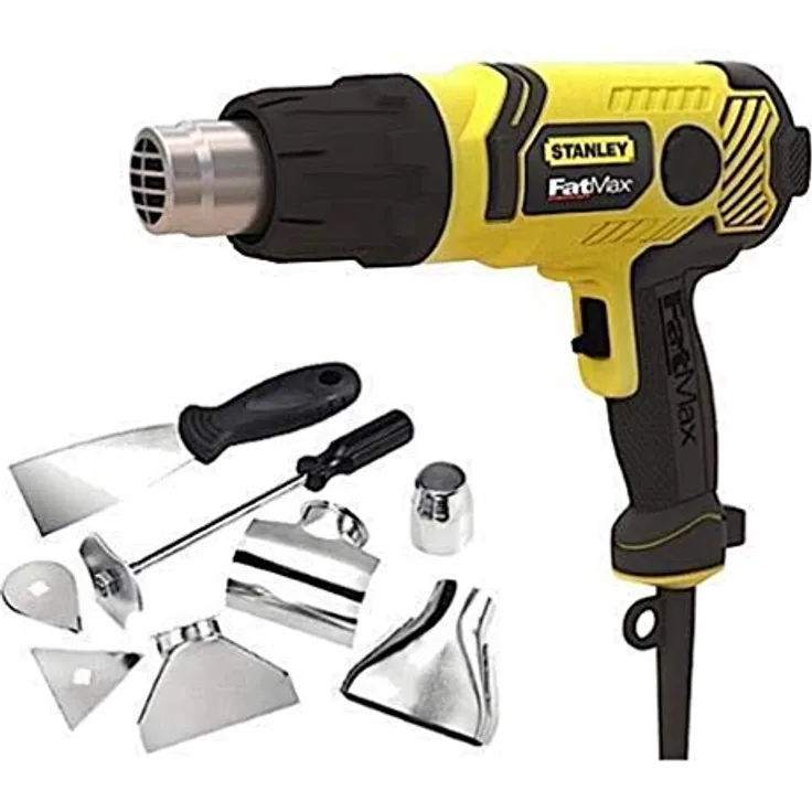 Stanley FatMax Heissluftpistole (2.000 Watt, mit Abschaltautomatik, 2 Temperaturstufen (50-450 / 70-600 °C), stufenlose Temperatureinstellung, inkl. 8-tlg. Düsen- und Schaberset, Koffer), Schwarz