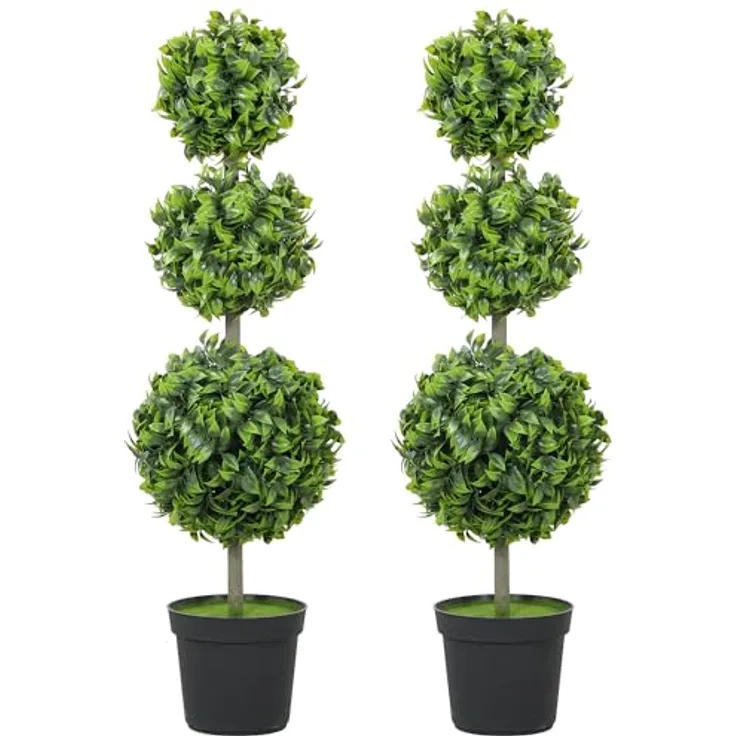 HOMCOM 2er Set Künstlicher Buchsbaum, 100 cm hohe Kunstpflanze mit UV-Schutz, Pflegefrei, ideal für Wohnzimmer, Schlafzimmer und Garten