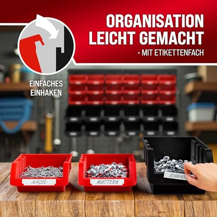 Deuba Wandregal mit Stapelboxen 32 tlg Box Starke Wandplatten Erweiterbar Werkstattregal Werkzeuglochwand – Bild 5