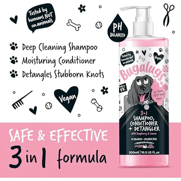 Bugalugs Hundeshampoo 3in1 mit Conditioner und Entwirrer, 500 ml, pH-neutral, vegan, mit Himbeer- und Zitronenduft, für alle Hunderassen – Bild 9
