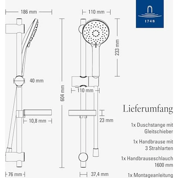 Villeroy & Boch Universal Showers Duschgarnitur, Duschsystem mit Handbrause und 3 Strahlarten, Höhe 60.40 cm, matt schwarz – Bild 7