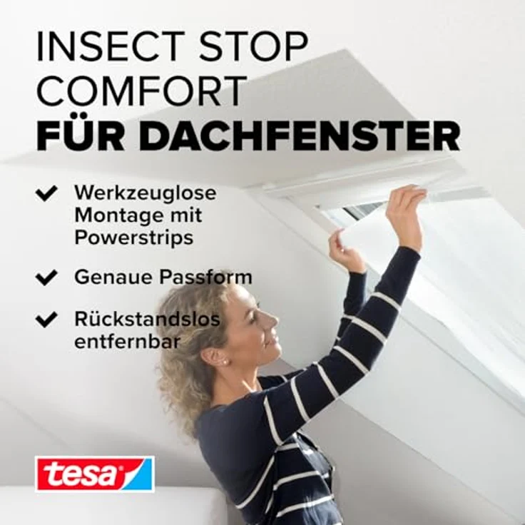 tesa Insect Stop COMFORT Fliegengitter für Dachfenster - Insektenschutz für Fenster - Fliegen Netz selbstklebend ohne Bohren - weiß (leichter sichtschutz), 120 cm x 140 cm – Bild 2