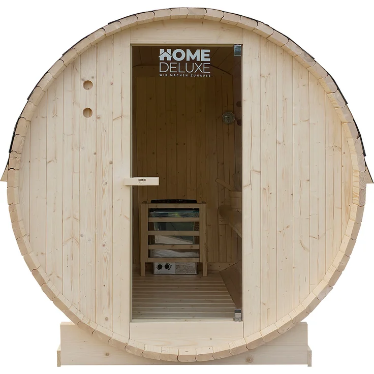 HOME DELUXE - Outdoor Fasssauna LAHTI XL - Maße: BxTxH: ca. 195 cm x 192 cm x 220 cm, Holz: Fichtenholz - inkl. Elektroofen und kompl. Saunazubehör I Gartensauna, Außensauna, Sauna für 6 Personen – Bild 3