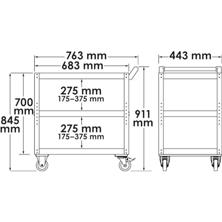 Vigor Servicewagen, stabiler Werkstattwagen aus Stahlblech, 3 Höhenverstellbare Böden, Tragkraft 120 kg, unbestückt – Bild 6