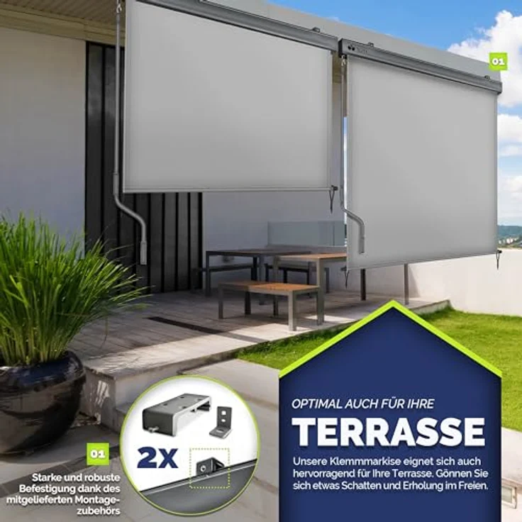 tillvex Senkrechtmarkise 160 x 250 cm für Außen- und Innenbereich | Wasserfestes Außenrollo mit Handkurbel | Sonnenschutz aus Aluminium | Rollo Sichtschutz, Silber – Bild 5