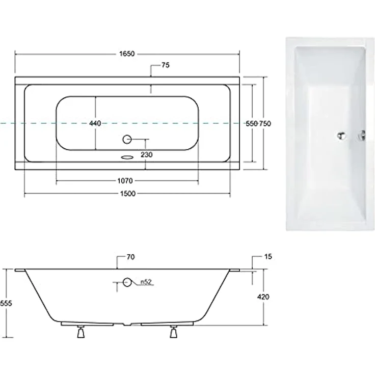 Besco BADLAND QUADRO SLIM Badewanne, Rechteckige Acryl Wanne 165x75 cm, Weiß, Komplettset mit Füßen und Chrom Automatik Ablaufgarnitur 3in1 – Bild 5