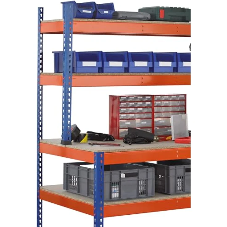 SCHULTE Lagertechnik Z1-Packtisch mit Lagerebene und Regalaufsatz, 1981 x 1536 x 773/316 mm, blau/orange, schnelle Montage und flexibler Umbau – Bild 2