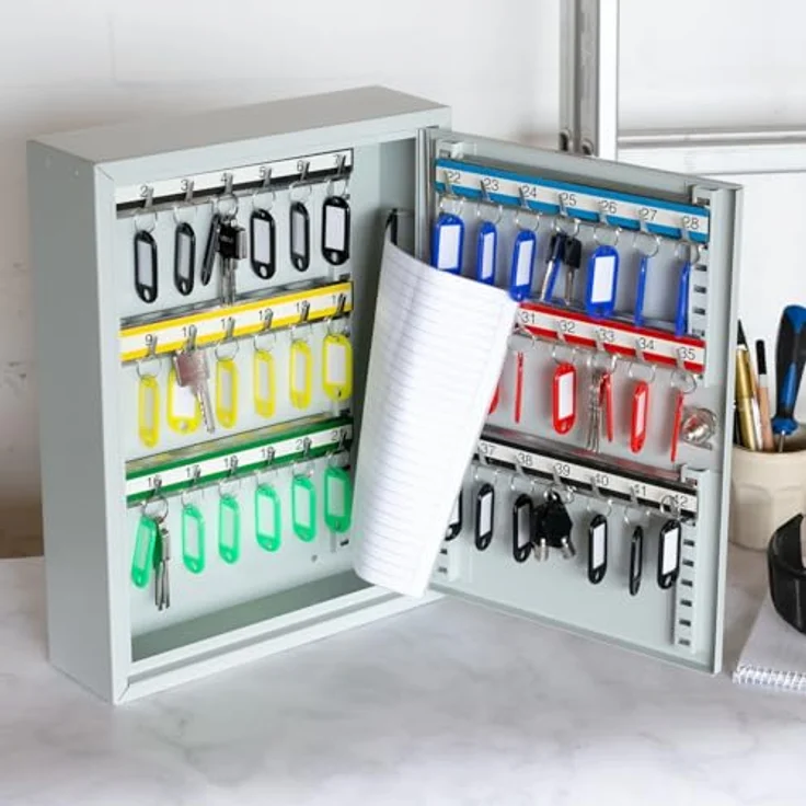 HMF Schlüsselkasten Abschließbarer Schlüsselschrank mit 42 Haken, verstellbare Hakenleisten, 35 x 27 x 8 cm, lichtgrau – Bild 2