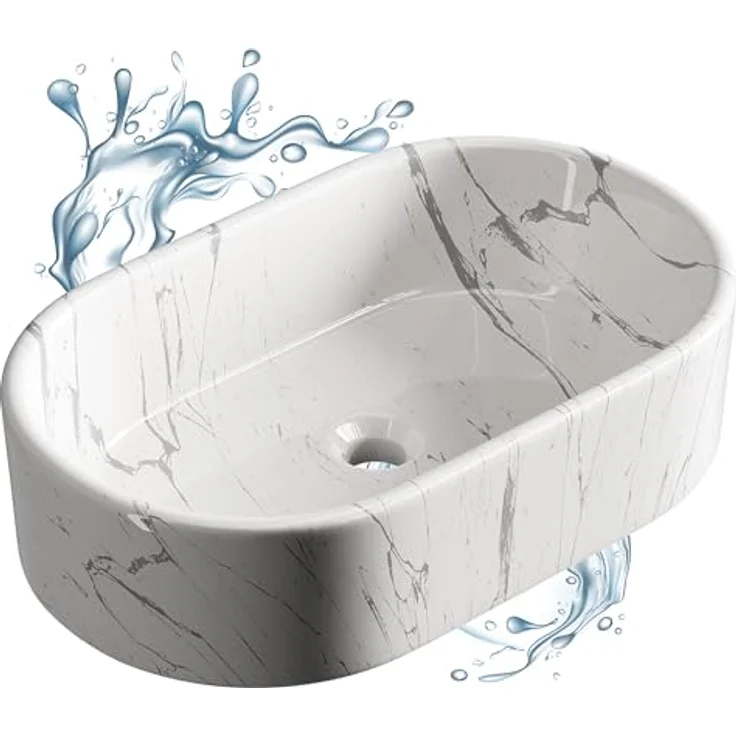 Planetmöbel Aufsatzwaschbecken Aquil Elegant, ovales Badezimmer Waschbecken 55 cm, marmor weiß, hochglänzend für Waschtisch – Bild 7
