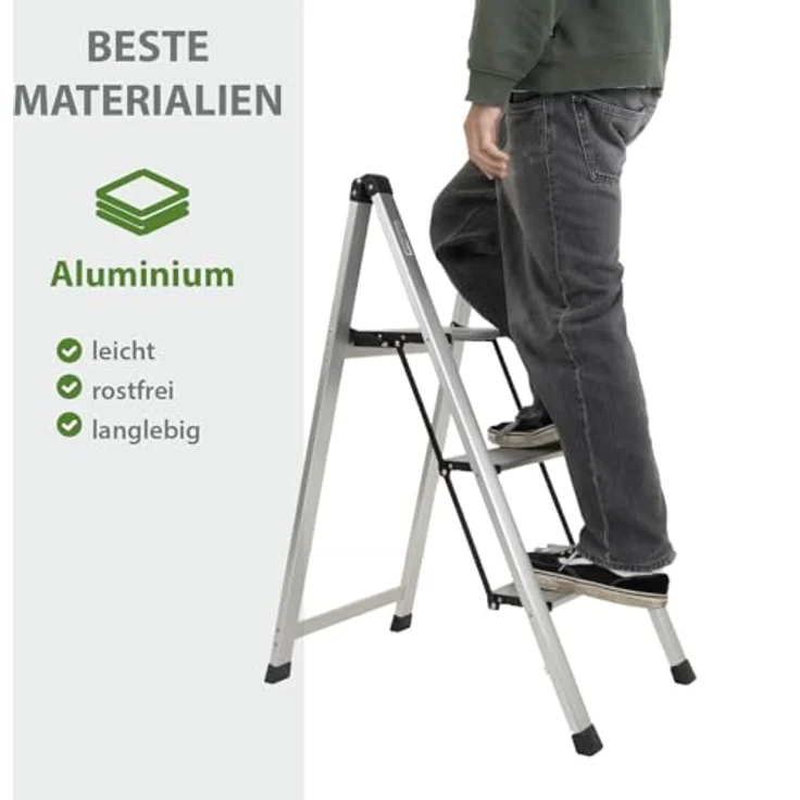 TRUTZHOLM Alu Trittleiter 2-stufig, klappbar, bis 150 kg Traglast, Aluminium Silber, Anti-Rutsch Trittflächen, TÜV/GS geprüft, leicht und platzsparend (5 cm schmal) – Bild 2