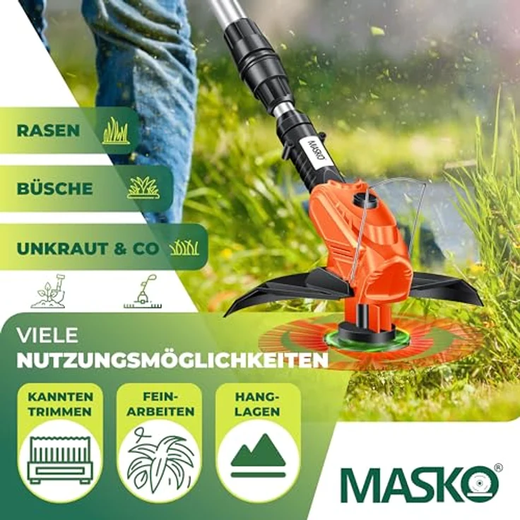 MASKO Akku-Rasentrimmer mit 20 V Li-Akku, 2,0 Ah Akku und Ladegerät, Motorsense 26 cm Schnittkreis, 180° Trimmwinkel, Teleskop-Stiel & Zusatzhandgriff, inkl. 20 Messer Kunststoffklinge Orange – Bild 2