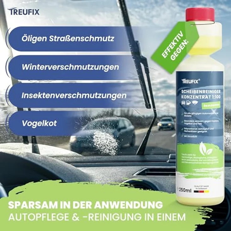 Treufix Scheibenwischwasser Konzentrat 250ml, Premium Scheibenreiniger für alle Scheibenwaschanlagen & Scheinwerfer-Reinigungsanlagen, frostbeständig, Made in Germany – Bild 3