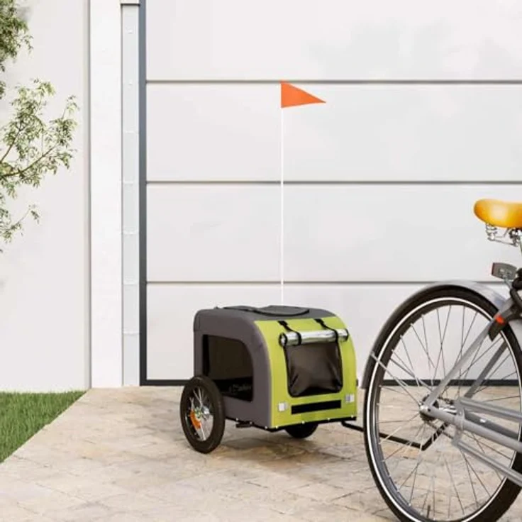 vidaXL Hunde-Transportbox Fahrradanhänger, Grün und Grau, Oxford-Gewebe, Eisen, für kleine Hunde und Katzen, max. 30 kg belastbar – Bild 2