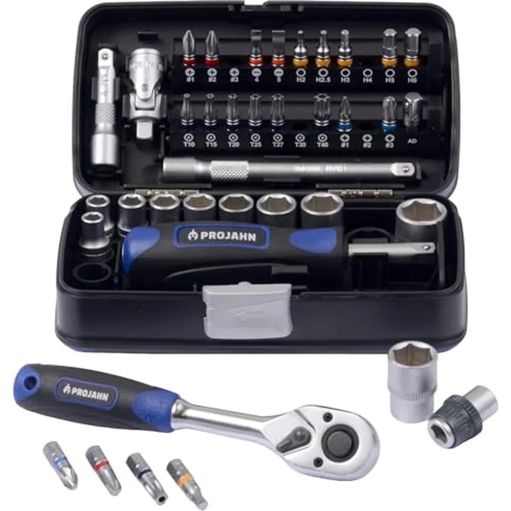 Projahn Mini Steckschlüssel und Bit-Box 38-tlg., kompaktes Set mit farbcodierten Bits für Schlitz, Kreuzschlitz und Torx, Werkzeugbox inklusive