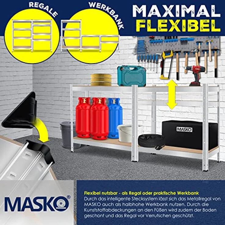 MASKO 2er-Set Lagerregal Schwerlastregal, Kellerregal , bis 875 kg belastbar, 5 verstellbare Ablagen, MDF-Platten Regal aus Metall, Steckregal, Werkstattregal, Keller, Garage 2x 160x80x40cm 4-Böden, 2x Silber 700kg – Bild 5