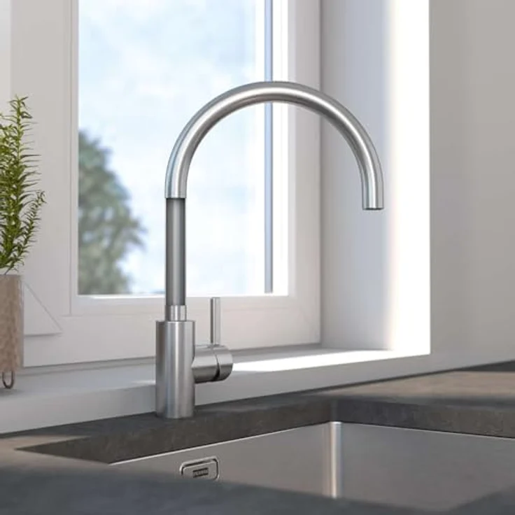 FRANKE Küchenarmatur, Einhebelmischer mit umstellbarem Wasserstrahl, 180° Schwenkbereich, Laminar Perlator, Edelstahl – Bild 3