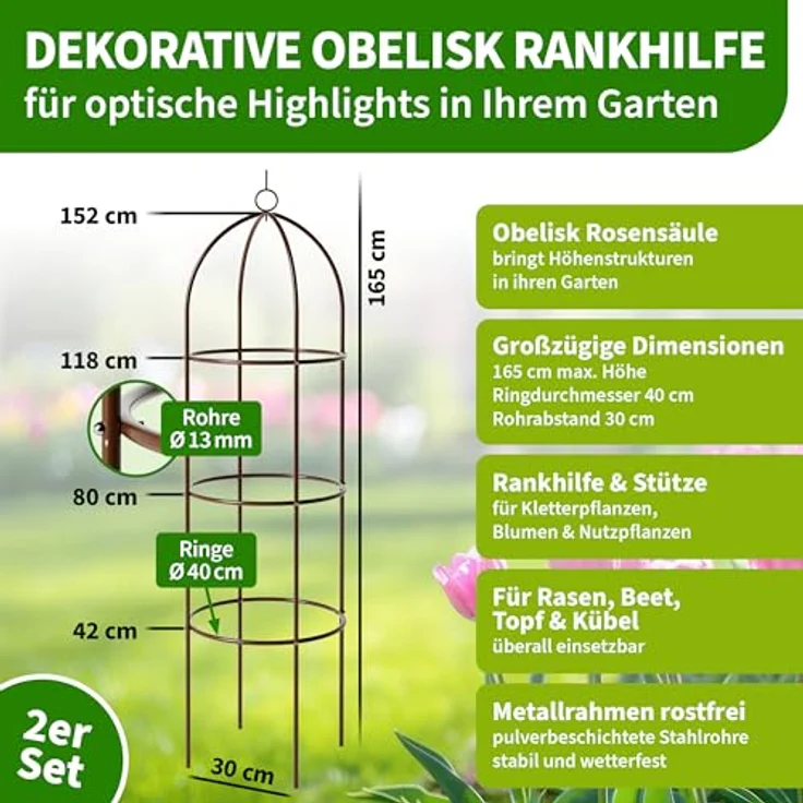 TTL GARDEN Obelisk Rankhilfe L, 165x40cm, braun, 2er Set, stabile Rosensäule für Kletterpflanzen – Bild 2
