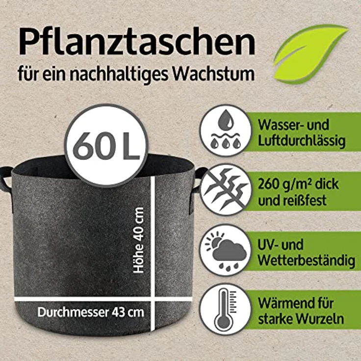 Zooprinz Premium Pflanztaschen 6er Set, 30L und 60L, 260 g/m² Vliesstoff, UV- und witterungsbeständig, mit Wasserabfluss-System – Bild 3