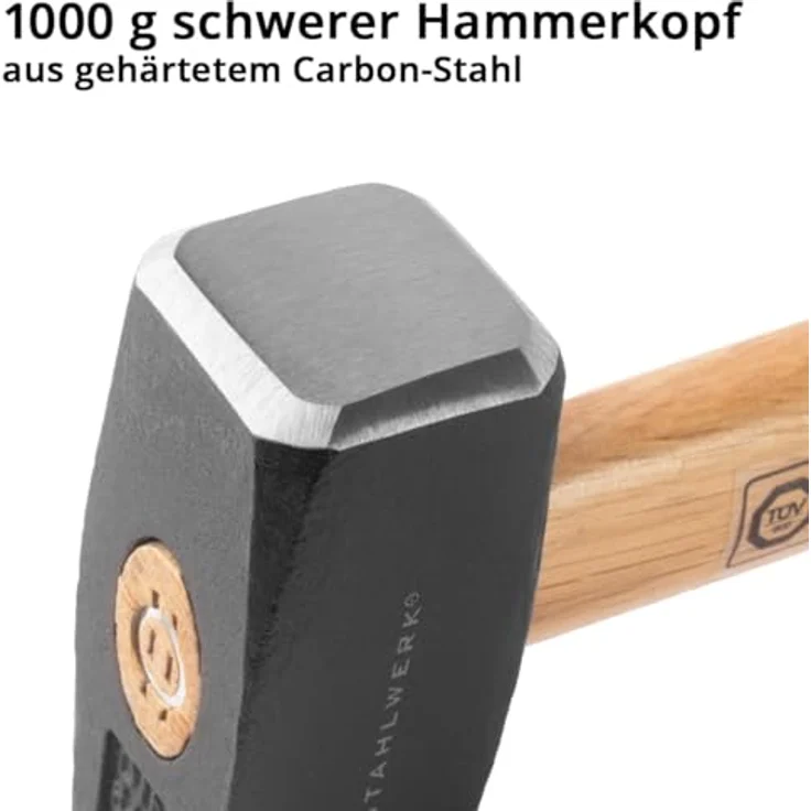 STAHLWERK Fäustel 1000g, 2er Set Plattenhammer aus schwarz lackiertem Carbon-Stahl mit doppelt geschweiftem Holzstiel – Bild 3