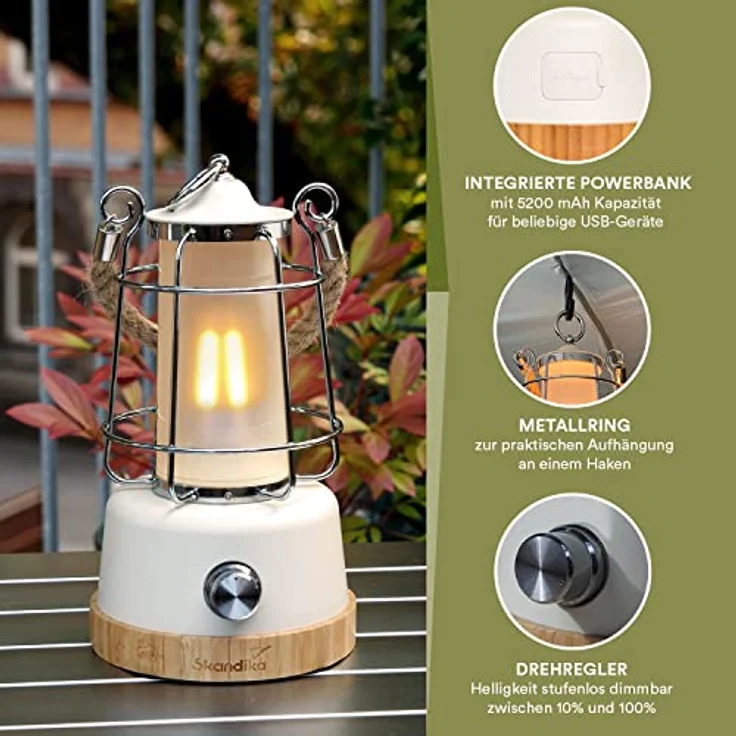 Skandika LED-Lampe Kiruna | Retro Outdoor Campinglampe mit Powerbank, stufenlos dimmbar, kabellos, Akku, aufladbar, USB, warm- und kaltweiß, 75h Leuchtzeit (Kiruna weiß) – Bild 4