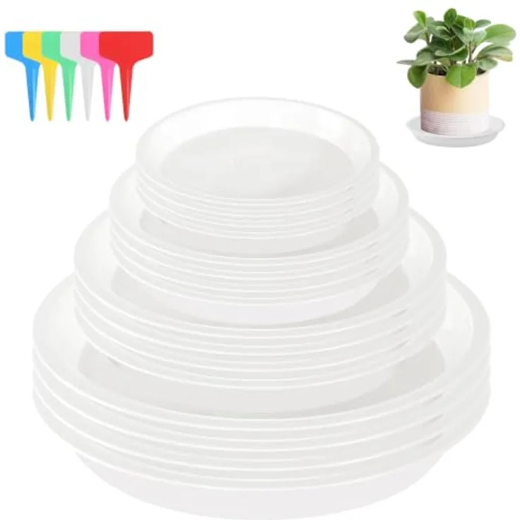 HFDONGL Blumentopf Untersetzer, 16 Stück Kunststoff rund mit wasserdichtem Design, Weiß, inklusive 18 Etiketten für Innen- und Außenpflanzen