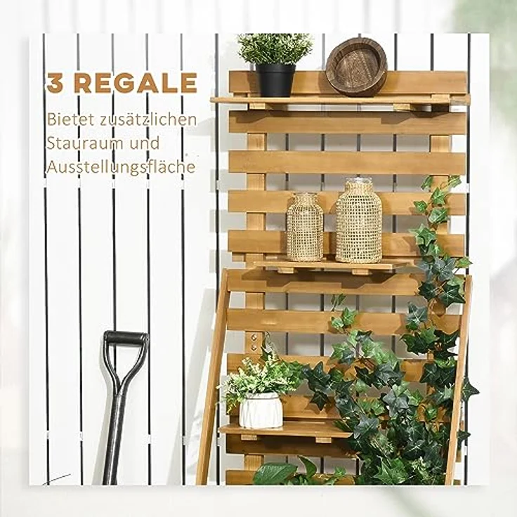 Outsunny Hochbeet mit Rankgitter, Pflanzkasten mit 3 Ablagen, Blumenkasten mit Rankhilfe, für Kletterpflanzen, Garten, Terrasse, aus Holz, Braun, 63 x 39 x 160 cm – Bild 4