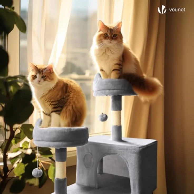 VOUNOT XXL Katzenbaum 168cm, Mehrstöckiger Katzenmöbel mit Korb, Hängematte und Plüschbällen, Dicke Stämme, Stabiler Kratzbaum für Katzen, Beige – Bild 4