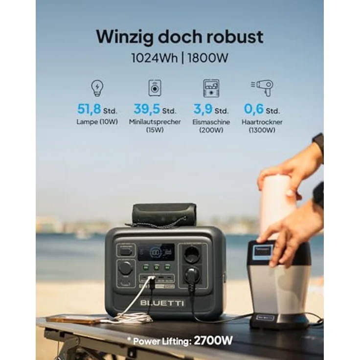 BLUETTI Elite 100 V2, Tragbare Power Station mit 1024Wh LFP Batterie, 2x 1800W AC Ausgänge, 35% kompakter, Solar Generator für Camping und Notfälle – Bild 2