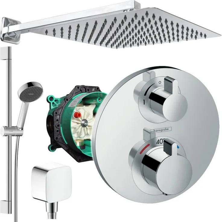 Hansgrohe und Jowi Ecostat S Thermostat, Unterputz-Duschsystem mit quadratischer Kopfbrause 250/300/360mm, Chrom