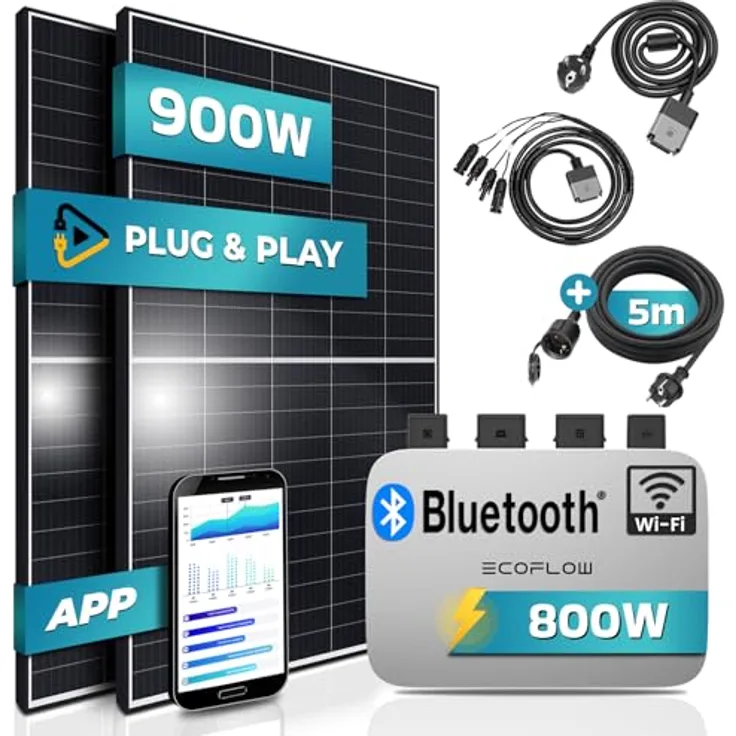 SUNNIVA® Balkonkraftwerk Black Frame 900/800W Solaranlage mit 800W Ecoflow Micro Wechselrichter - WIFI Bluetooth, upgradebar drosselbar, 2x450W Solarmodule