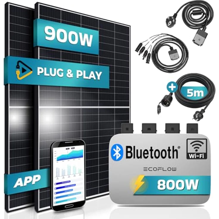SUNNIVA® Balkonkraftwerk Black Frame 900/800W Solaranlage mit 800W Ecoflow Micro Wechselrichter - WIFI Bluetooth, upgradebar drosselbar, 2x450W Solarmodule – Bild 1