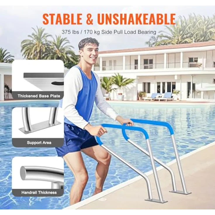 VEVOR Pool-Handlauf, Edelstahl Pooleinstieg mit Grundplatte, 990 x 100 x 812 mm, rostfreier Haltegriff für Innen-/Außenpools, silberweiß – Bild 3