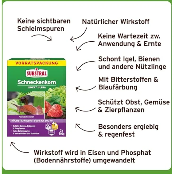 Substral Schneckenkorn LIMEX Ultra, 2x500g Vorteilspackung, hochwirksamer Schutz gegen Schnecken für Obst, Gemüse & Zierpflanzen, blaufärbig – Bild 3