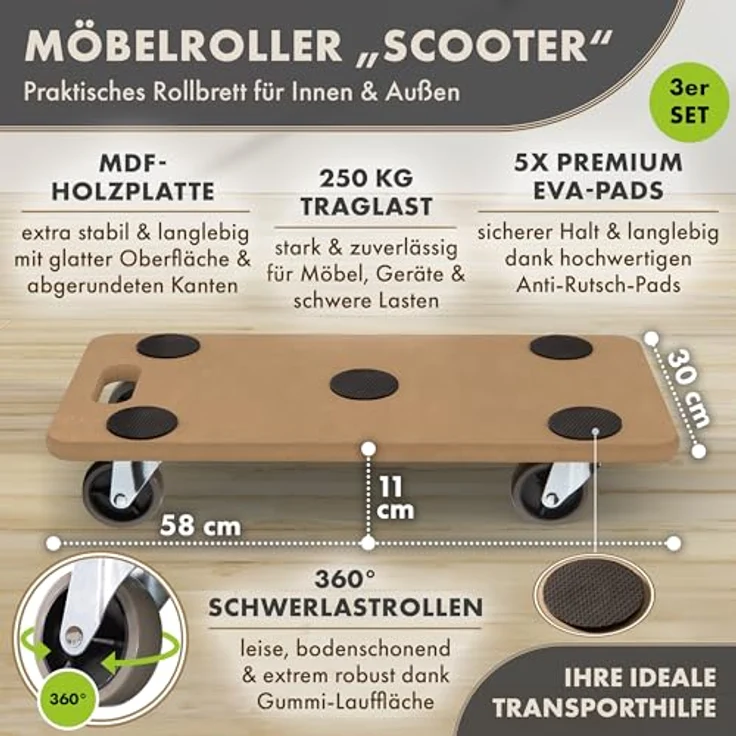 TTL HOME Möbelroller Scooter 3er Set, 250kg Traglast, 360° drehbare Gummi Rollen, 58x30x11cm, mit 5 Anti-Rutsch-Pads, ideal für Indoor & Outdoor Transporte – Bild 2