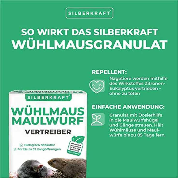 Silberkraft Wühlmaus- und Maulwurfschreck 200 g - Granulat zur Abwehr & Bekämpfung - Maulwurf- und Wühlmausvertreiber zum Vertreiben und bekämpfen - Falle, Gift und Gas Alternative (200 g) - Preisvergleich – Bild 3