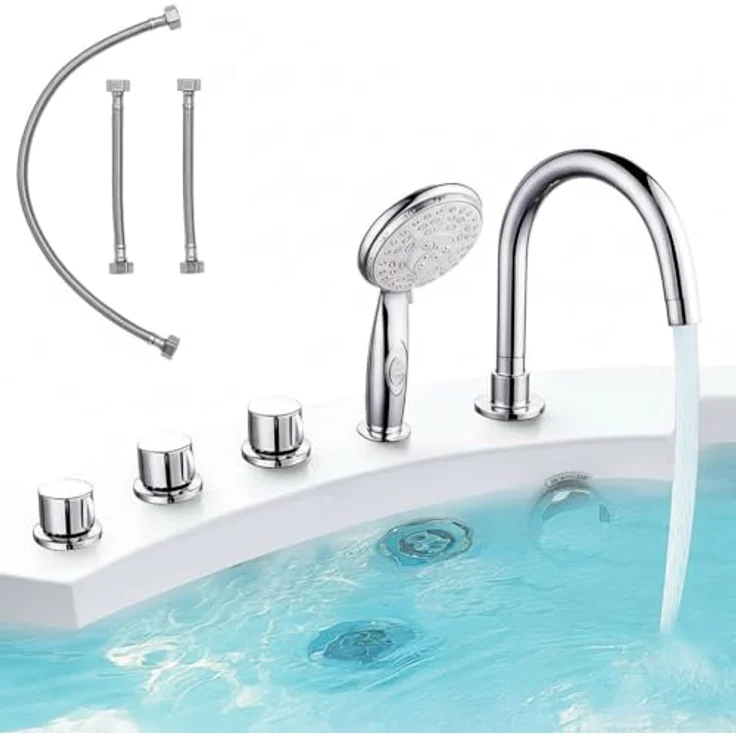Melko 5-Loch Badewannenarmatur mit Handbrause, Wasserfall-Design, Chrom, Fliesenrandmontage, 2m ausziehbar – Bild 2