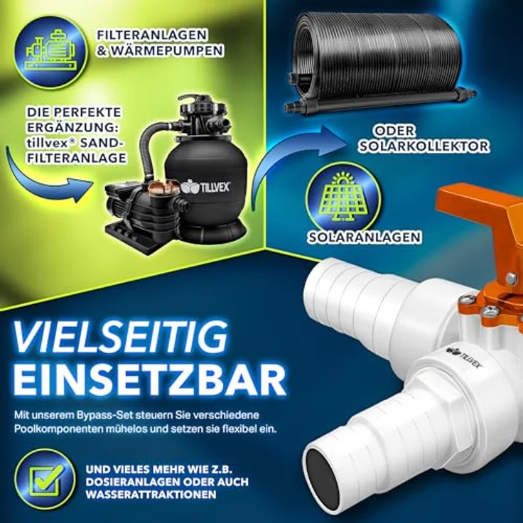 tillvex Bypass Set Pool 12-TLG, Ø32 & 38 mm Anschluss, 3-Wege-Ventil, ABS-Adapter, rostfreie Schlauchschellen, ideale Lösung für Solarheizung und Wärmepumpe – Bild 6